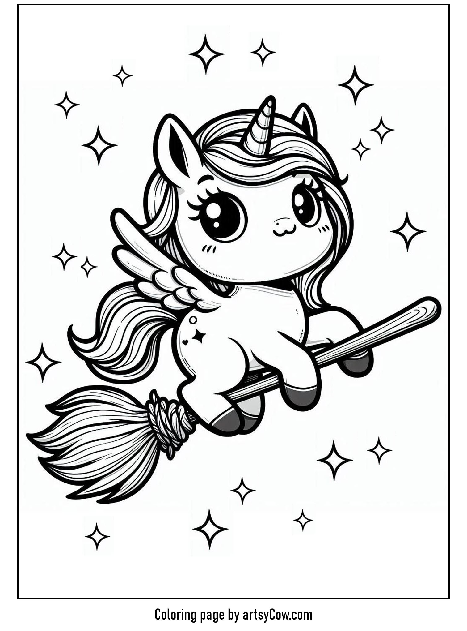 halloween coloring pages with unicorn 2 showing a cute unicorn riding a broomstick with stars around, perfect for magical Halloween coloring fun.